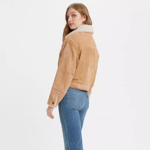 Levis Suede Cocoon Bomber Trucker Jacket Tan Aviator Jacket Women's S - Picture 1 of 16